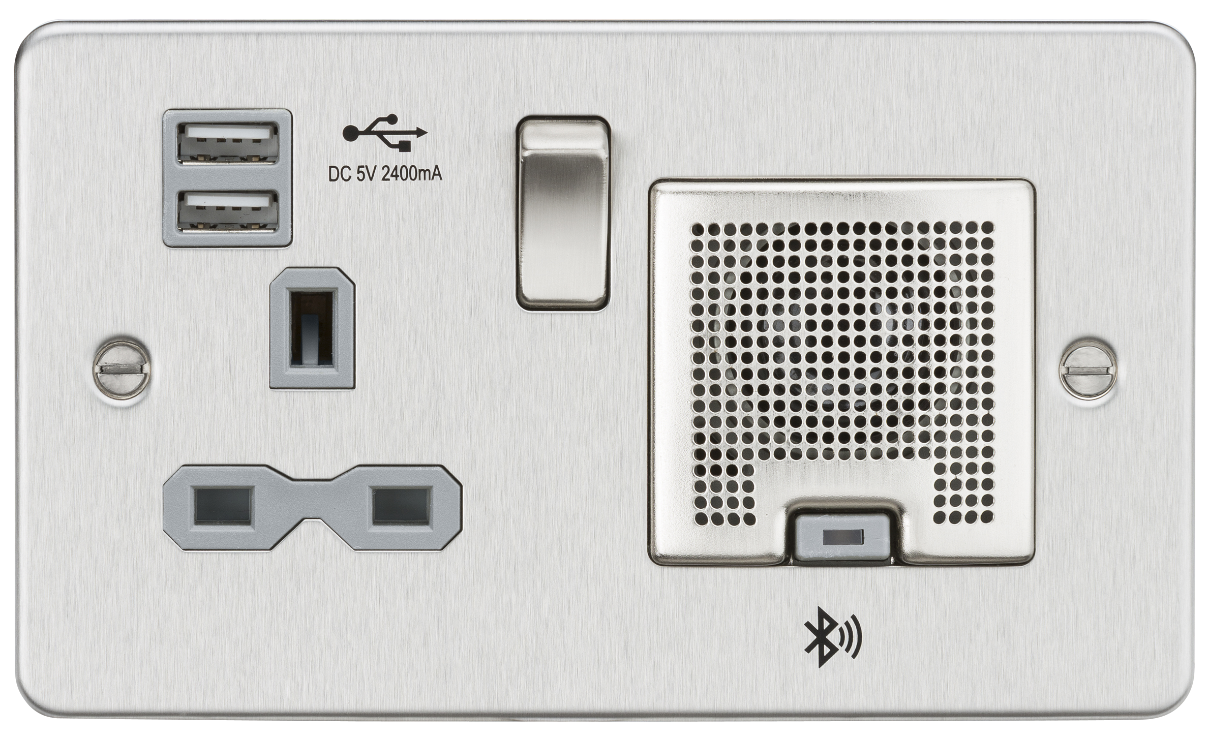 Flat Plate 13A Socket, USB Charger And Bluetooth Speaker Combo - Brushed Chrome With Grey Insert - FPR9905BCG 