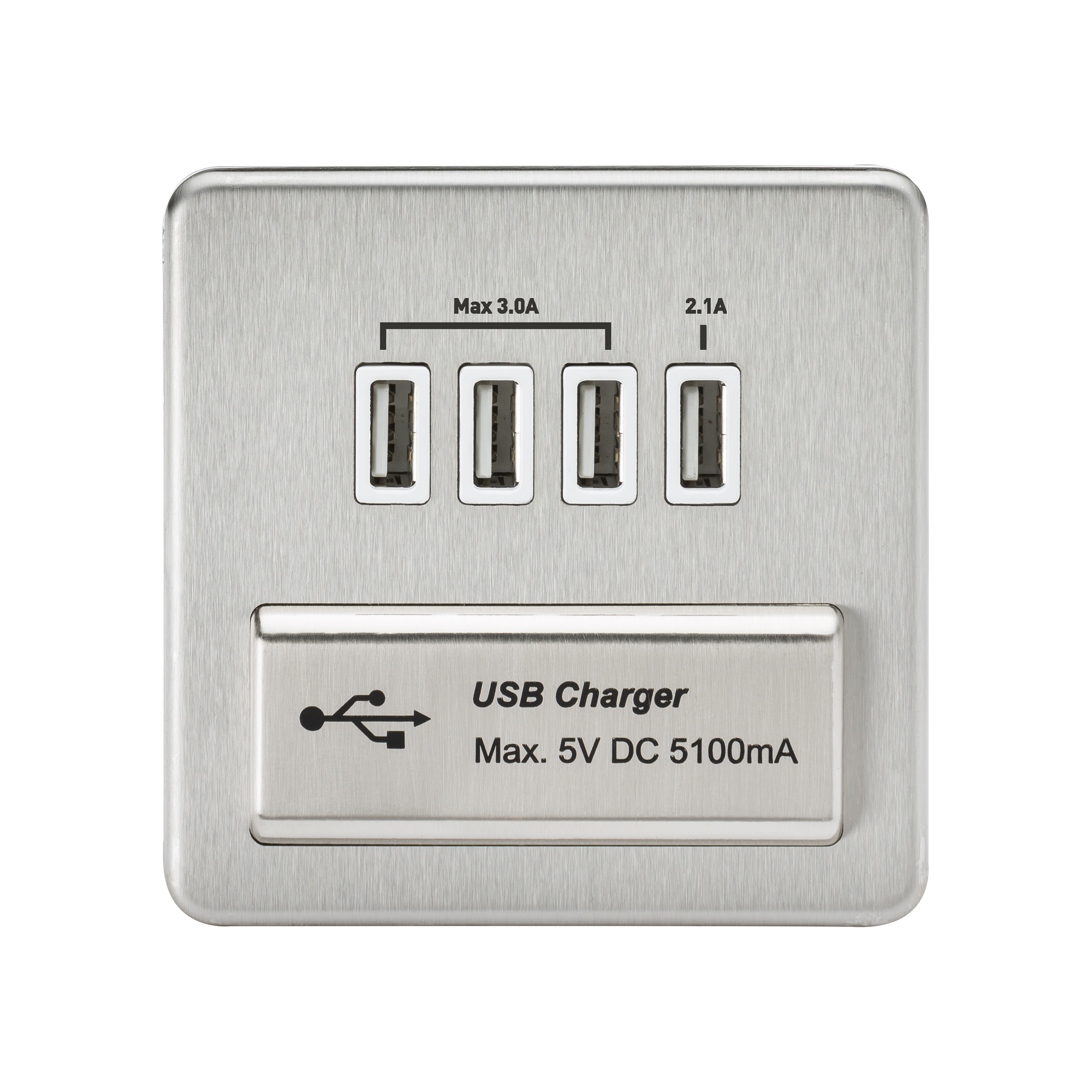 Screwless Quad USB Charger Outlet (5.1A) - Brushed Chrome With White Insert - SFQUADBCW 
