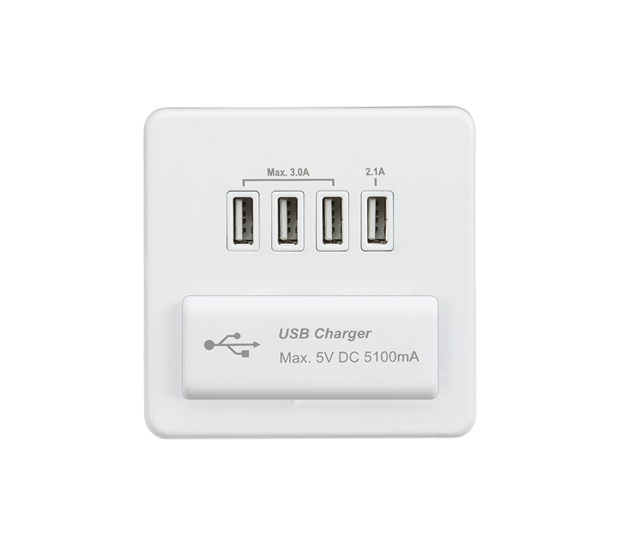 Screwless Quad USB Charger Outlet (5.1A) - Matt White With White Insert - SFQUADMW 