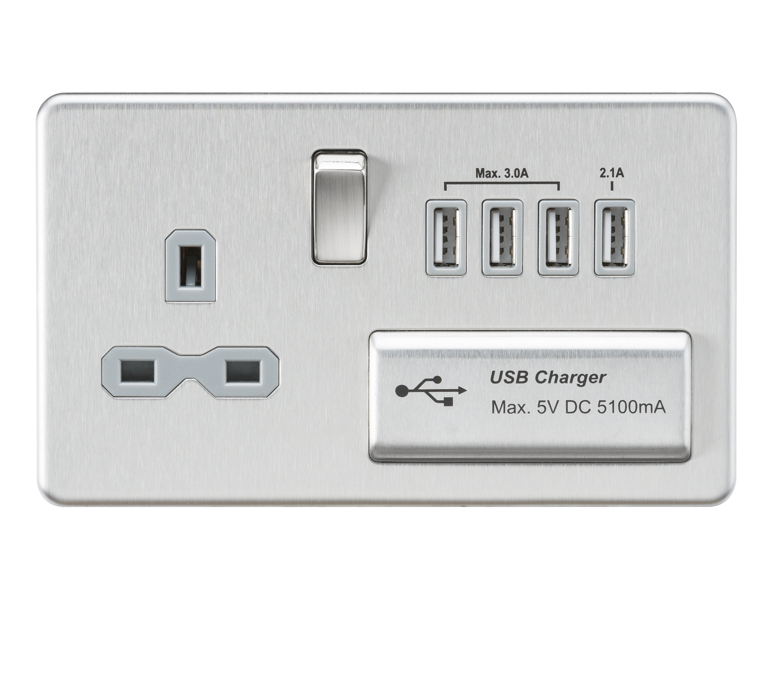 Screwless 13A Switched Socket With Quad USB Charger (5.1A) - Brushed Chrome With Grey Insert - SFR7USB4BCG 