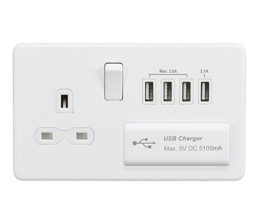 Screwless 13A Switched Socket With Quad USB Charger (5.1A) - Matt White - SFR7USB4MW 