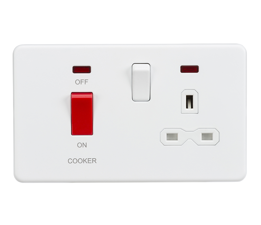 Screwless 45A DP Switch And 13A Switched Socket With Neons - Matt White - SFR8333NMW 