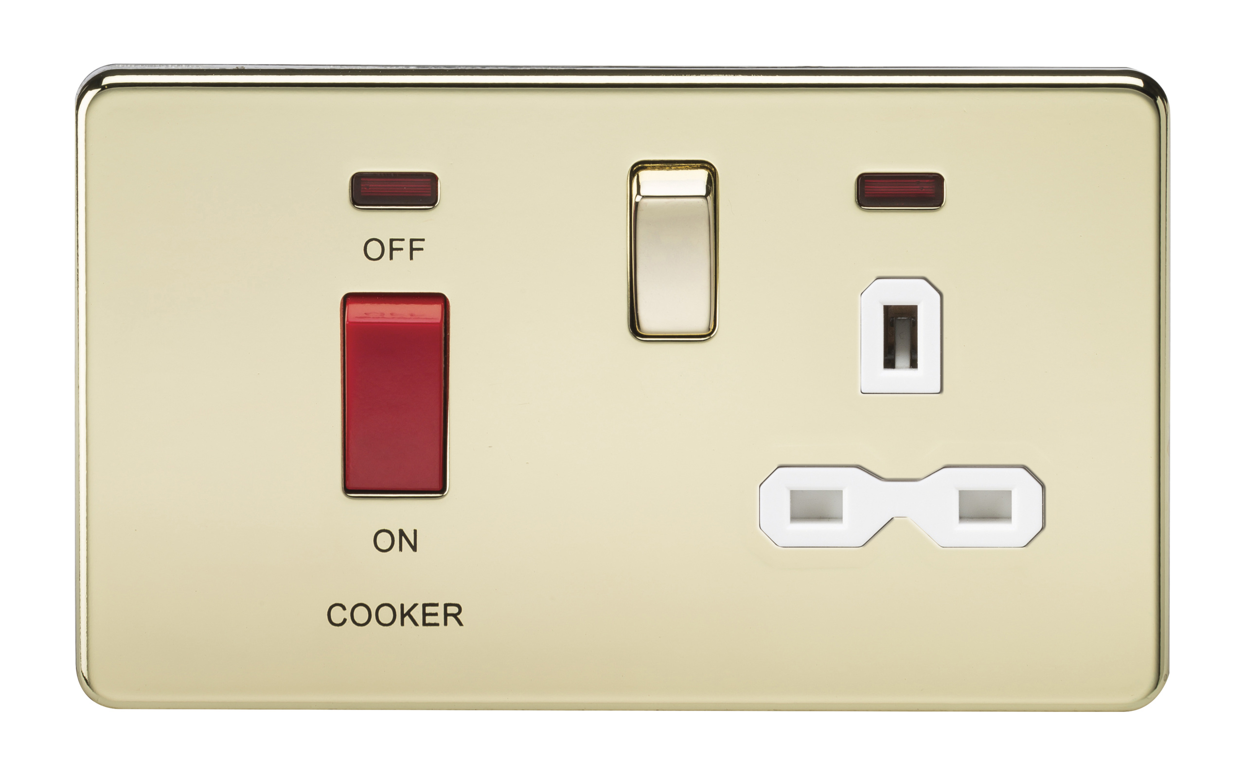 Screwless 45A DP Switch And 13A Switched Socket With Neons - Polished Brass With White Insert - SFR8333NPBW 