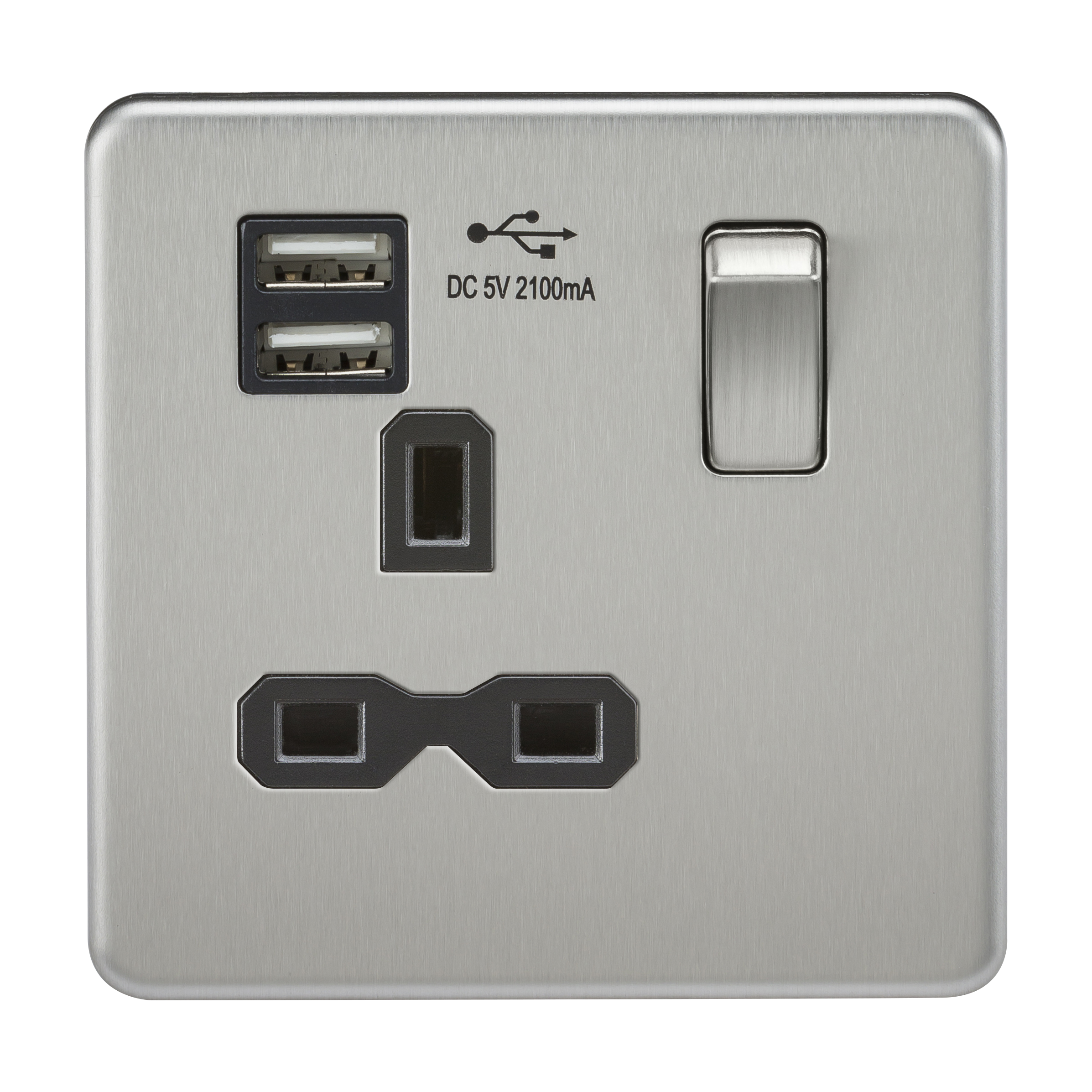 Screwless 13A 1G Switched Socket With Dual USB Charger (2.1A) - Brushed Chrome With Black Insert - SFR9901BC 