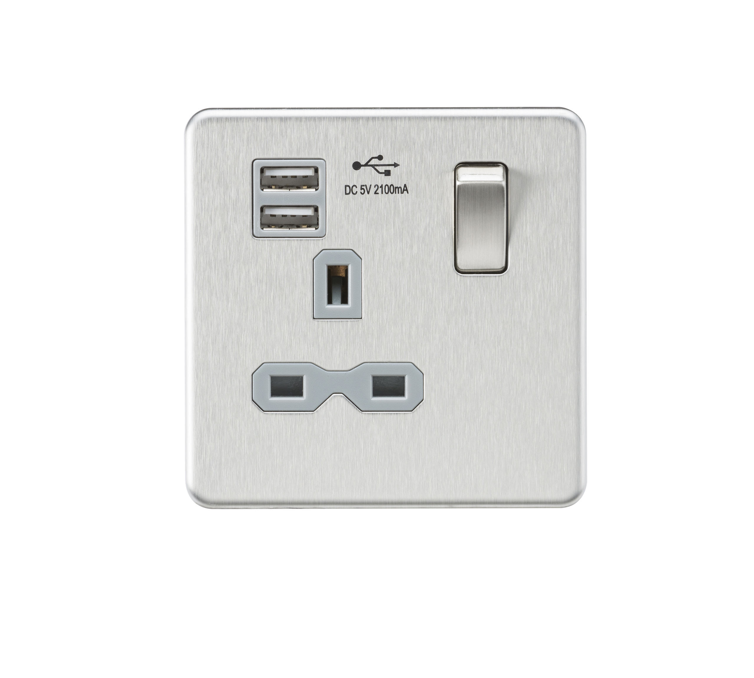 Screwless 13A 1G Switched Socket With Dual USB Charger (2.1A) - Brushed Chrome With Grey Insert - SFR9901BCG 