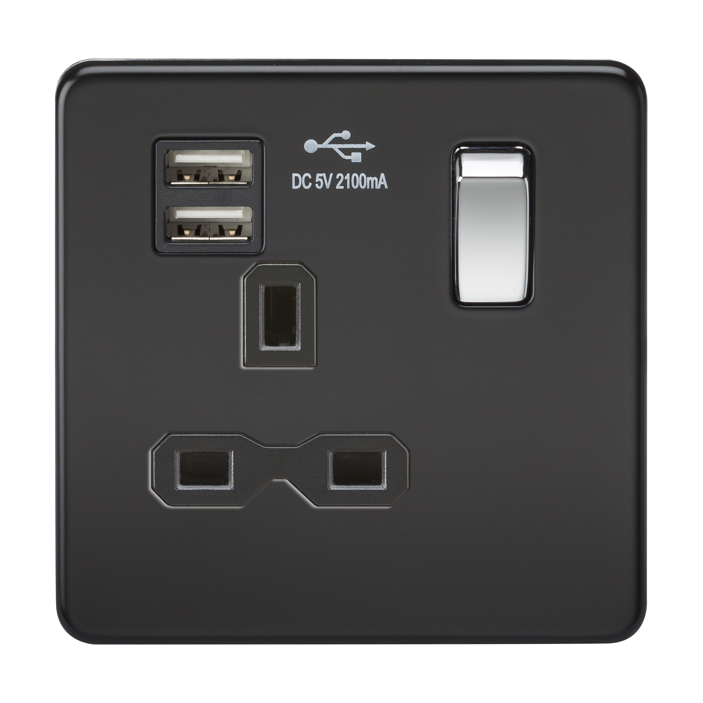 Screwless 13A 1G Switched Socket With Dual USB Charger (2.1A) - Matt Black With Chrome Rocker - SFR9901MB 