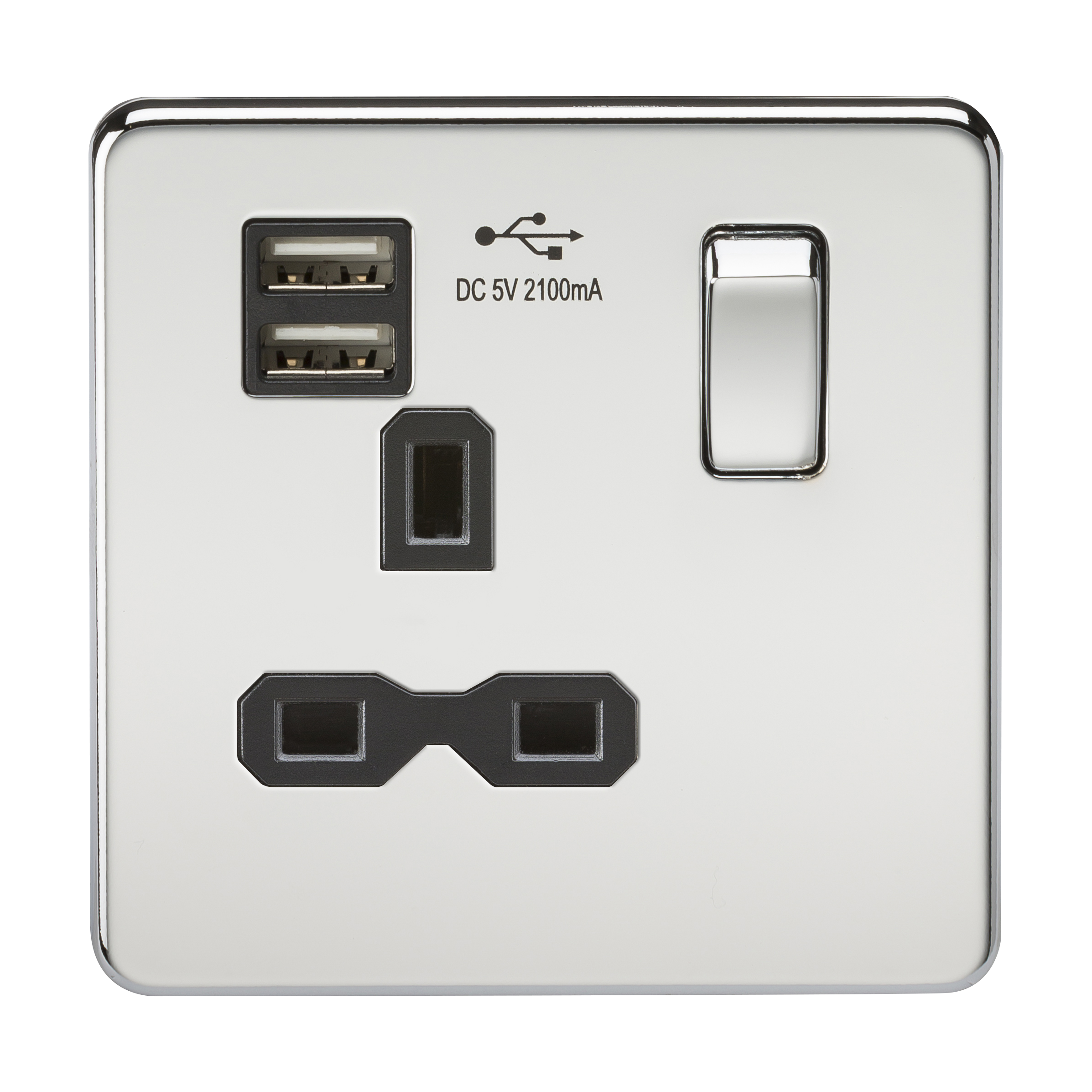 Screwless 13A 1G Switched Socket With Dual USB Charger (2.1A) - Polished Chrome With Black Insert - SFR9901PC 