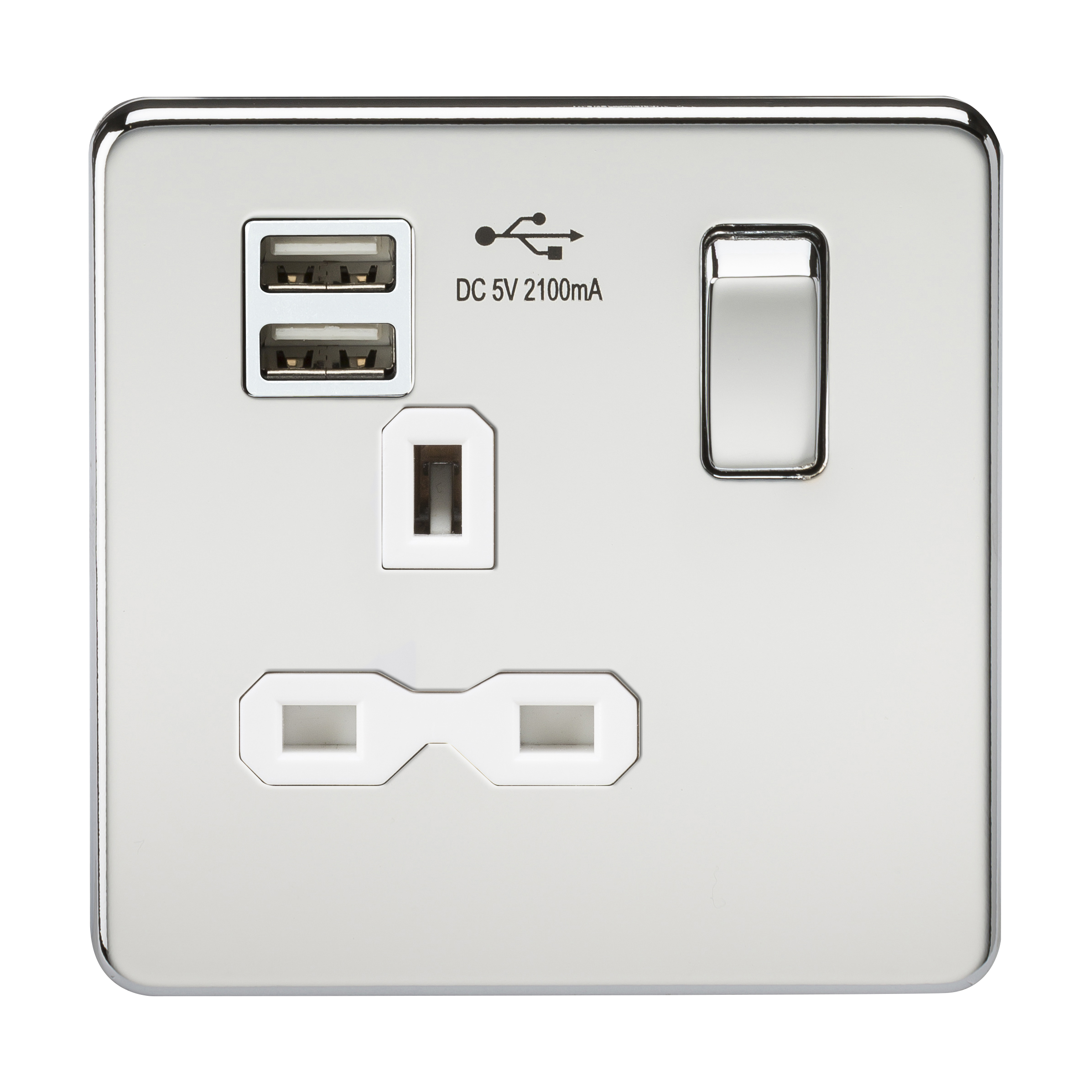 Screwless 13A 1G Switched Socket With Dual USB Charger (2.1A) - Polished Chrome With White Insert - SFR9901PCW 