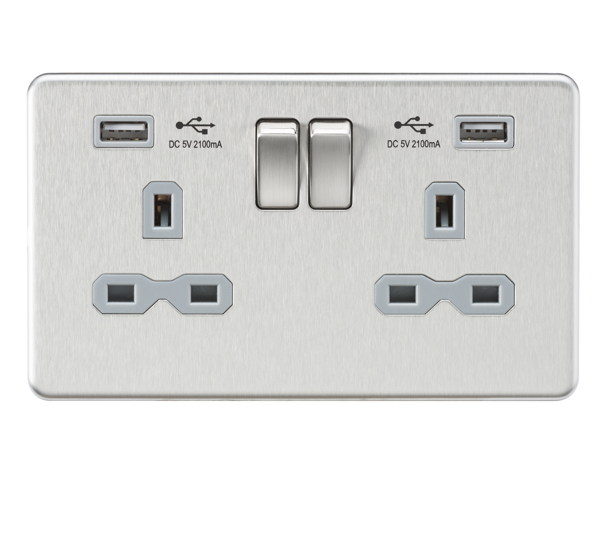 Screwless 13A 2G Switched Socket With Dual USB Charger (2.1A) - Brushed Chrome With Grey Insert - SFR9902BCG 