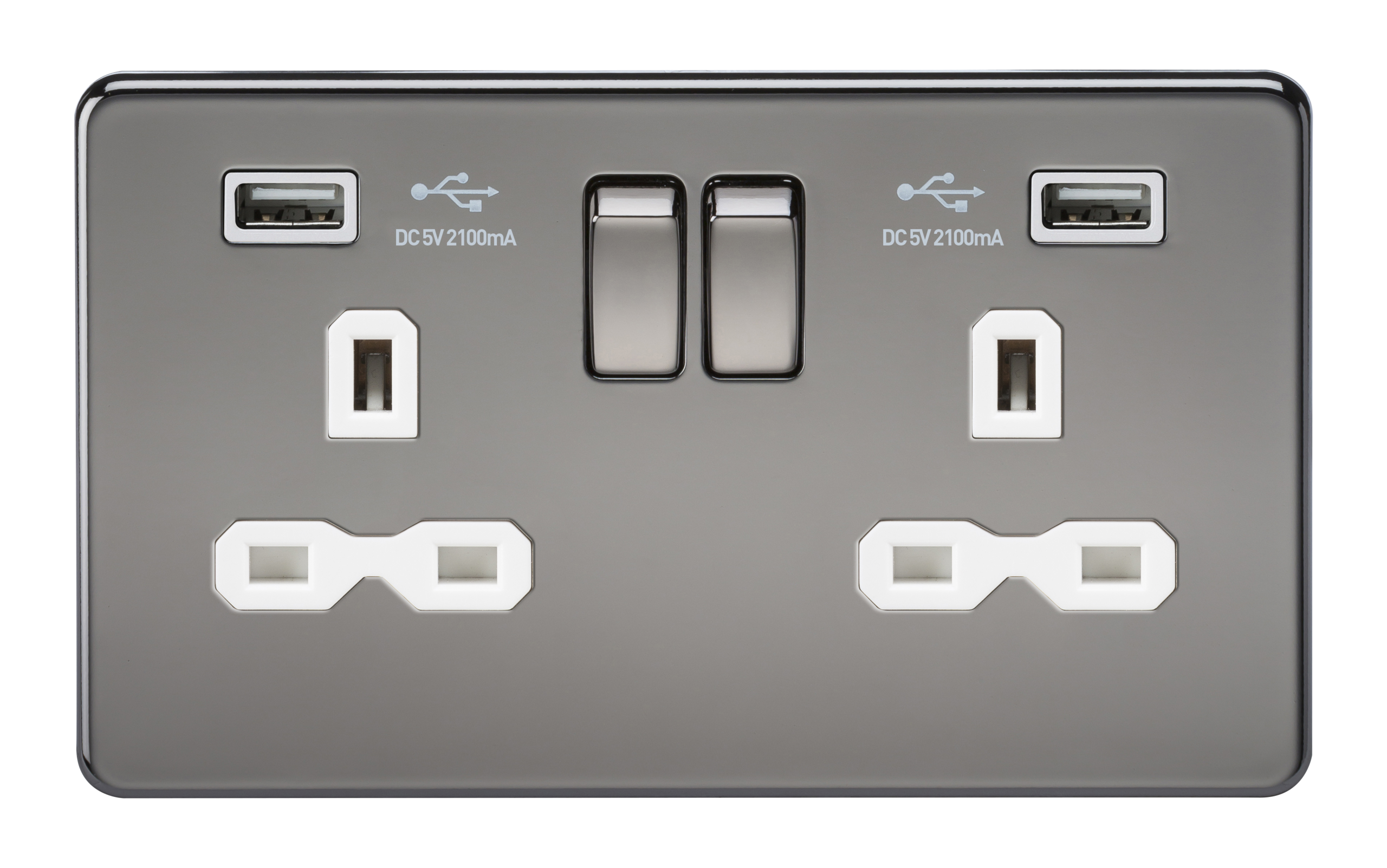 Screwless 13A 2G Switched Socket With Dual USB Charger (2.1A) - Black Nickel With White Insert - SFR9902BNW 
