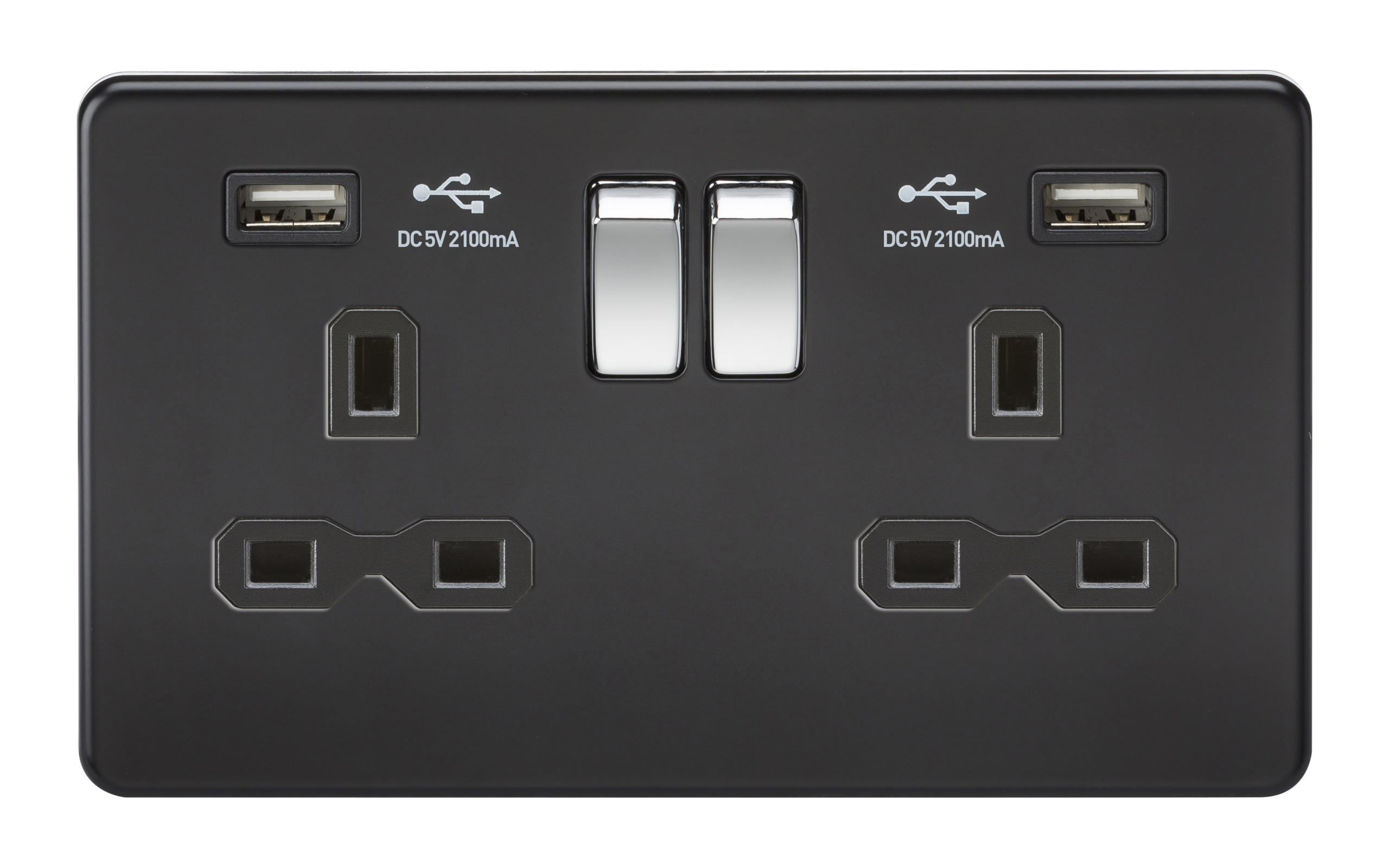 Screwless 13A 2G Switched Socket With Dual USB Charger (2.1A) - Matt Black With Chrome Rockers - SFR9902MB 