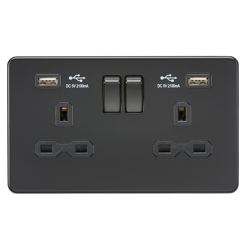Screwless 13A 2G Switched Socket With Dual USB Charger (2.1A) - Matt Black - SFR9902MBB 