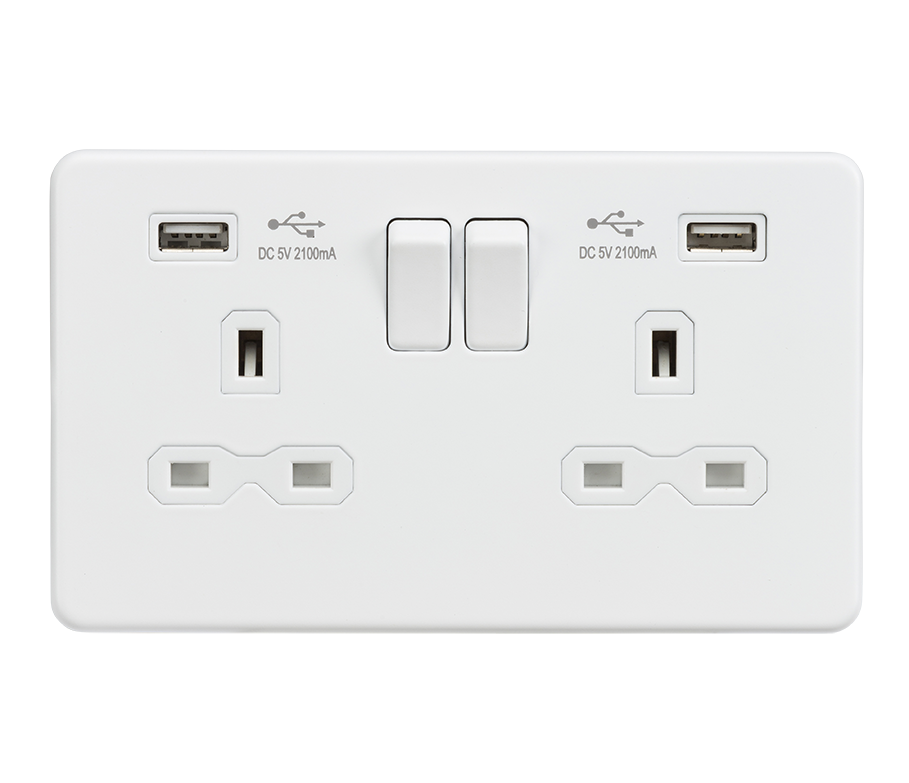 Screwless 13A 2G Switched Socket With Dual USB Charger (2.1A) - Matt White - SFR9902MW 