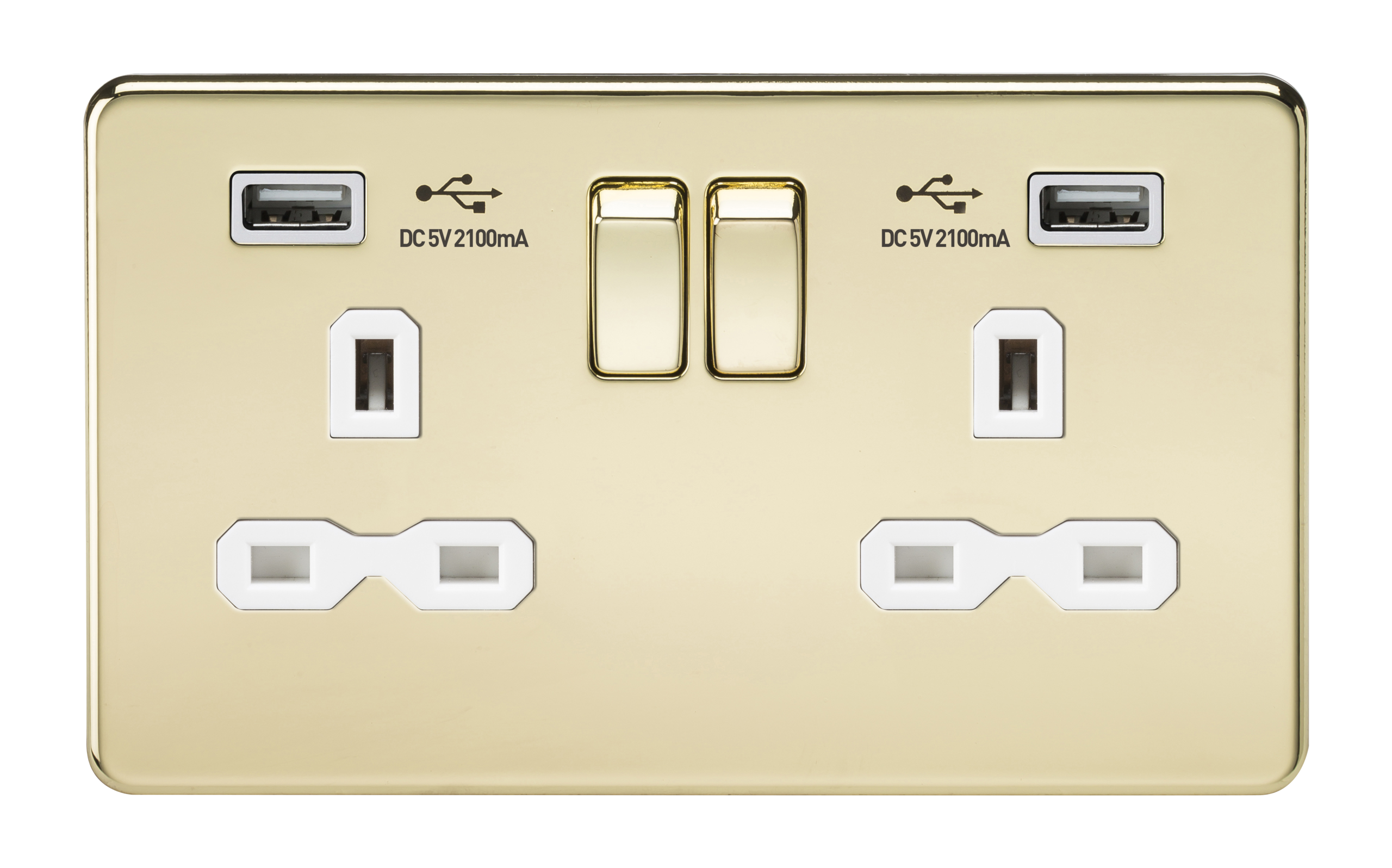 Screwless 13A 2G Switched Socket With Dual USB Charger (2.1A) - Polished Brass With White Insert - SFR9902PBW 