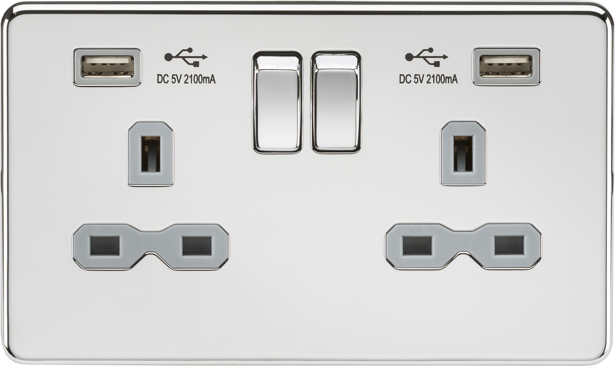Screwless 13A 2G Switched Socket With Dual USB Charger (2.1A) - Polished Chrome With Grey Insert - SFR9902PCG 