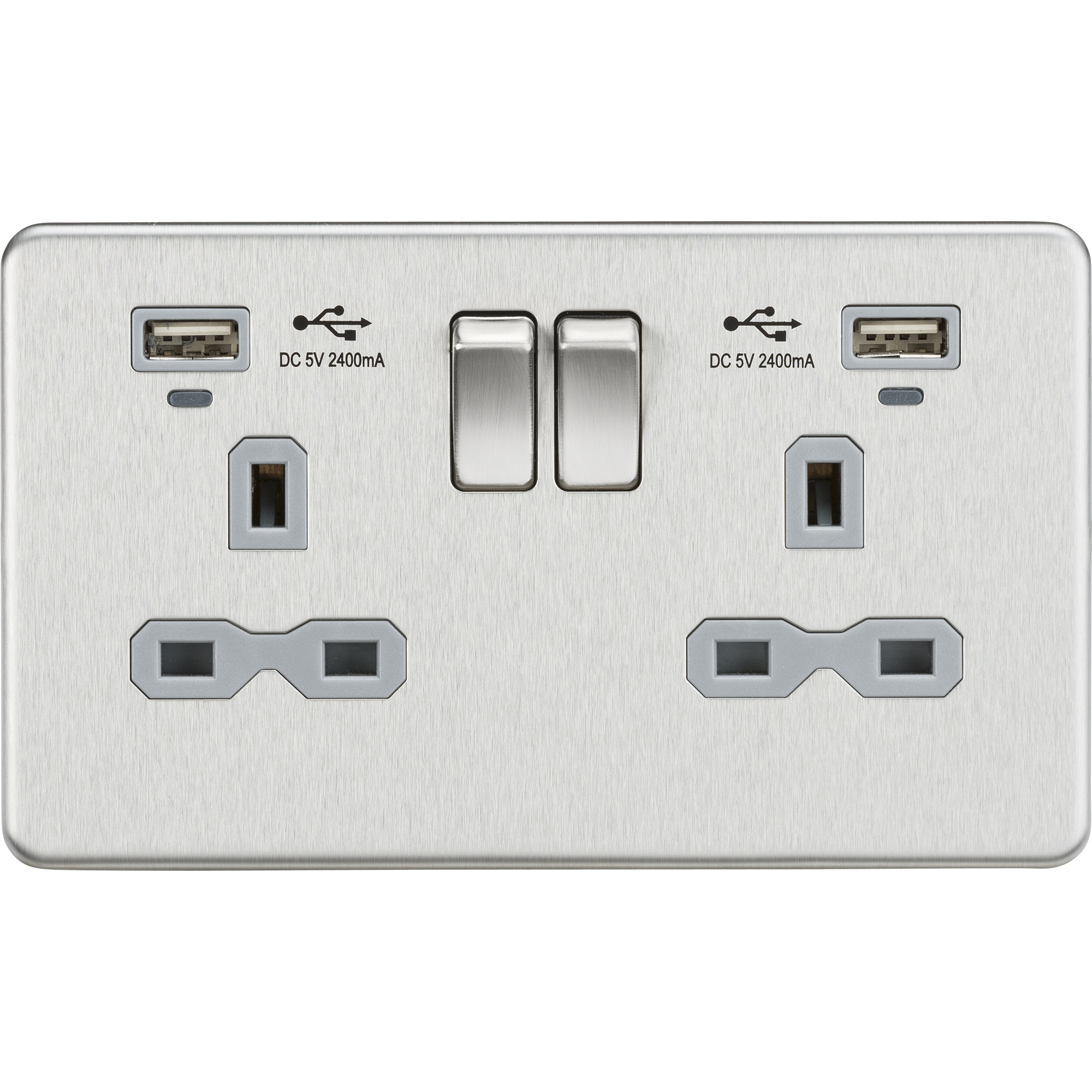 Screwless 13A Smart 2G Switched Socket With Dual USB Charger 2.4A - Brushed Chrome With Grey Insert - SFR9904NBCG 