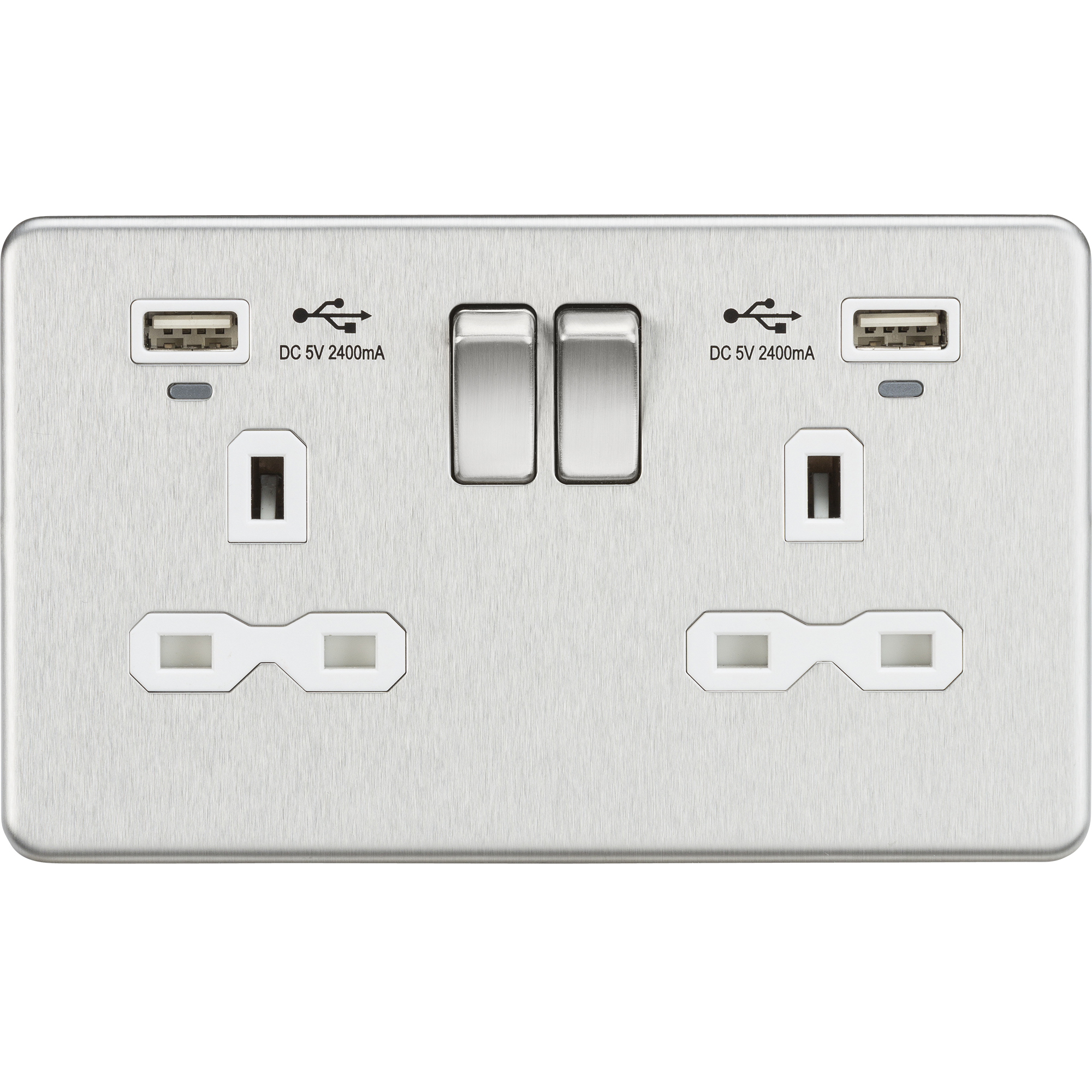 Screwless 13A Smart 2G Switched Socket With Dual USB Charger 2.4A - Brushed Chrome With White Insert - SFR9904NBCW 