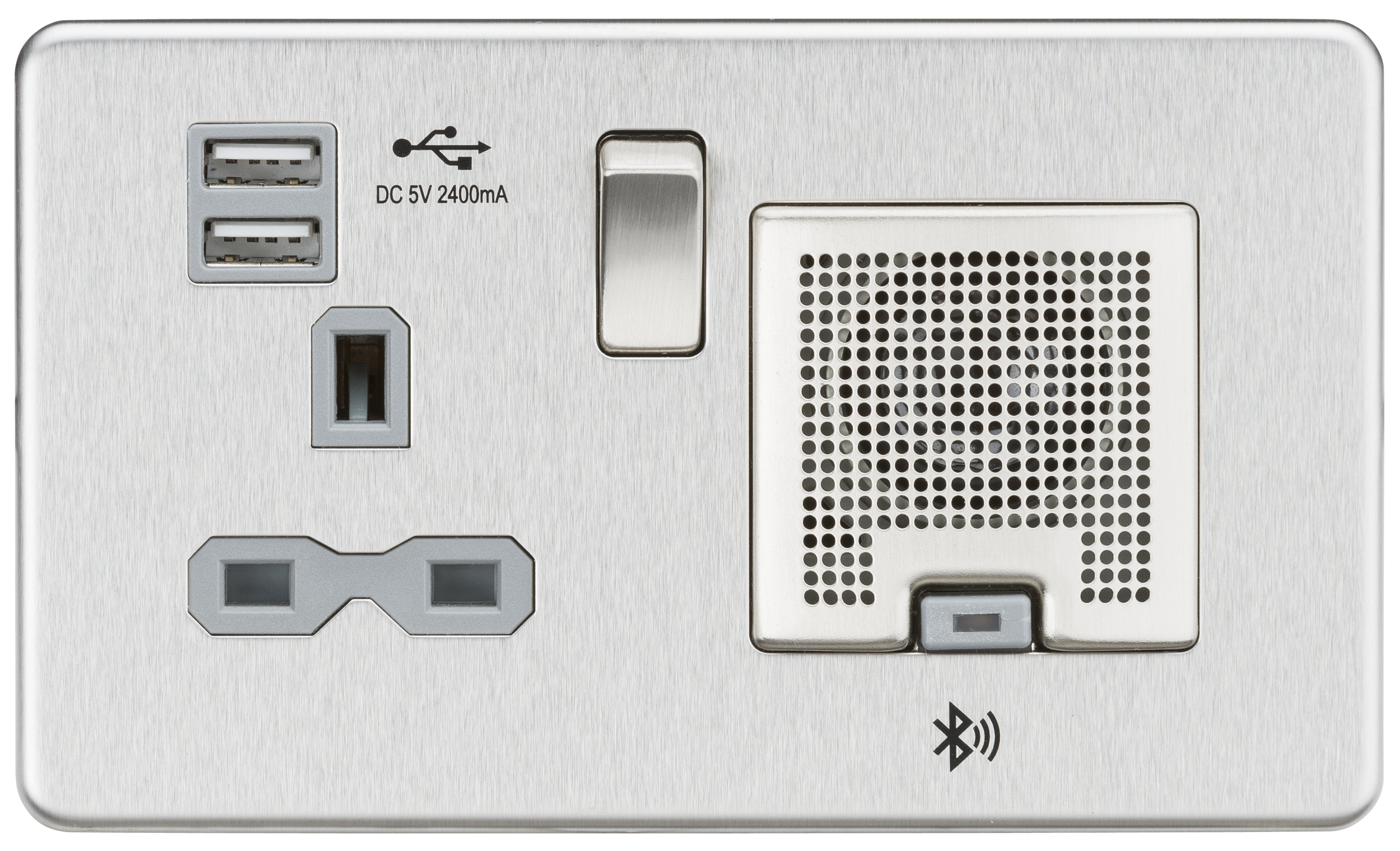 Screwless 13A Socket, USB Charger And Bluetooth Speaker Combo - Brushed Chrome With Grey Insert - SFR9905BCG 
