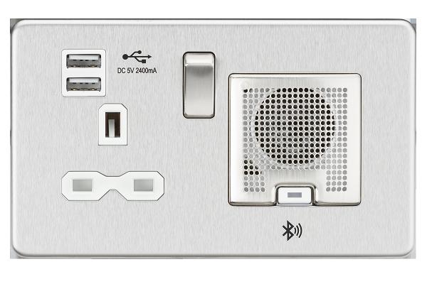 Screwless 13A Socket, USB Charger And Bluetooth Speaker Combo - Brushed Chrome With White Insert - SFR9905BCW 