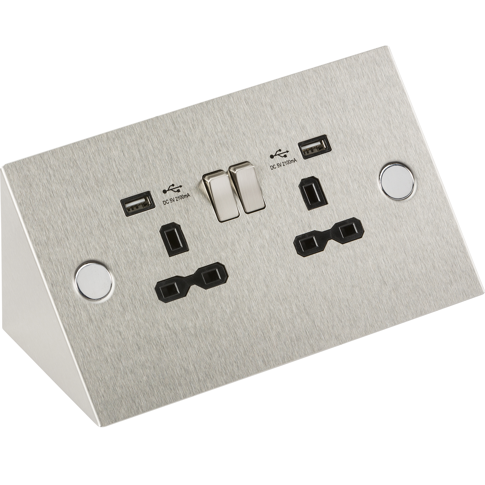 13A 2G Mounting Switched Socket With Dual USB Charger (2.1A) - Stainless Steel With Black Insert - SKR002 