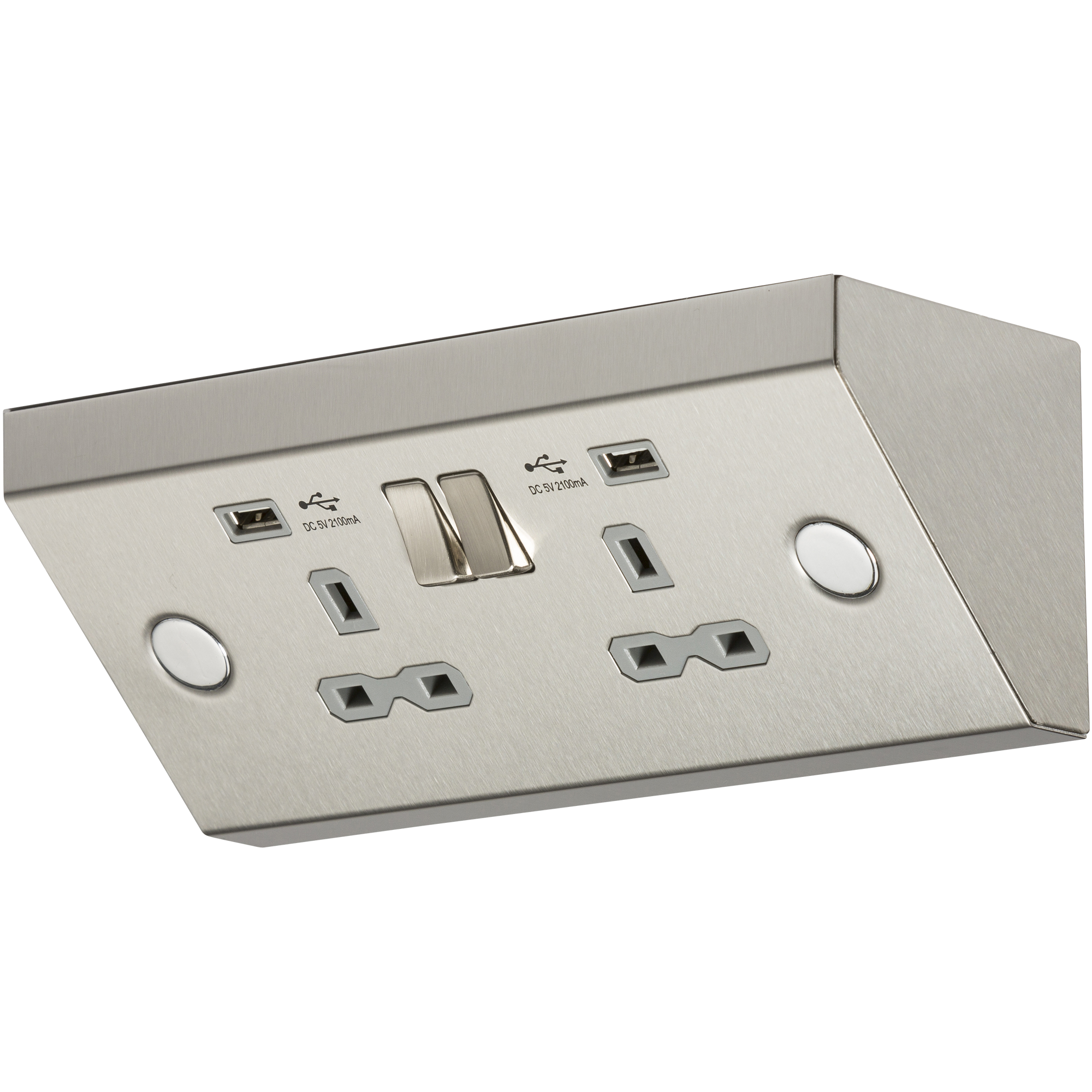 13A 2G Mounting Switched Socket With Dual USB Charger (2.1A) - Stainless Steel With Grey Insert - SKR009 