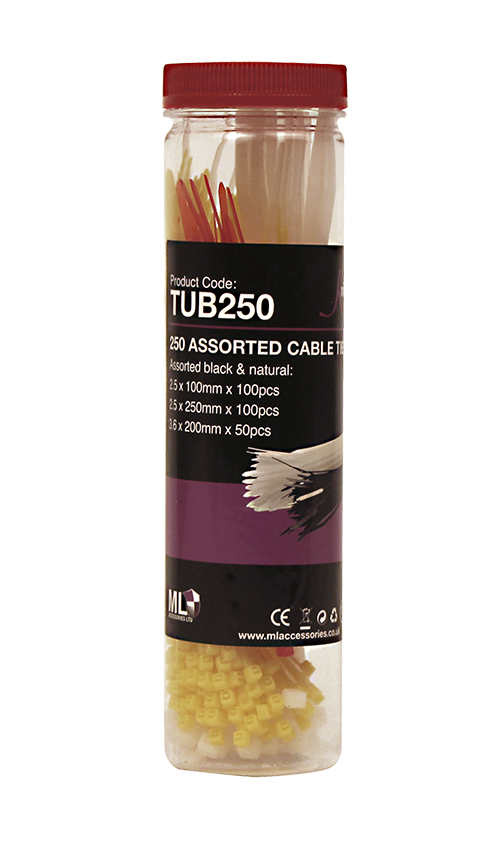 Tub Of 250 Cable Ties (Assorted Sizes And Colours) - TUB250 
