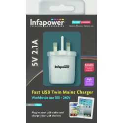 Infapower Fast USB Twin Mains Charger - 2100ma - STX-340950 