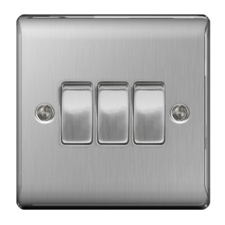 BG Brushed Steel 10ax Plate Switch 2 Way - 3 Gang - STX-346033 