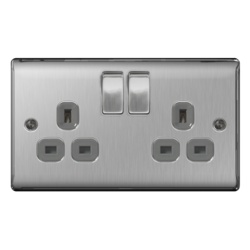 BG 13a 2 Gang Switch Socket - Brushed Steel With Grey Inserts - STX-346060 