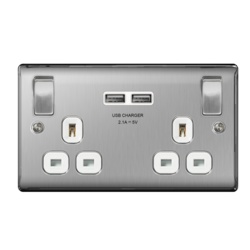 BG 13a 2 Gang Switch Socket & USB - Brushed Steel With White Inserts - STX-347046 