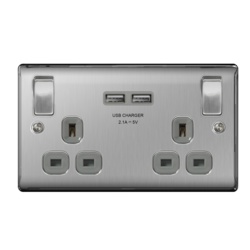 BG 13a 2 Gang Switch Socket & USB - Brushed Steel With Grey Inserts - STX-347047 
