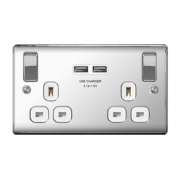BG 13a 2 Gang Switch Socket & USB - Polished Chrome With White Inserts - STX-347048 
