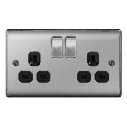 BG 13a 2 Gang Switch Socket - Brushed Steel With Black Inserts - STX-355231 