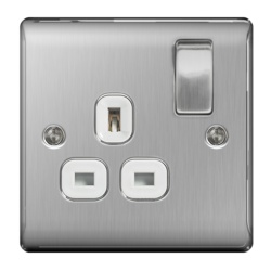 Nexus Brushed Steel Switched Socket 13a White Inset - 1 Gang - STX-355232 