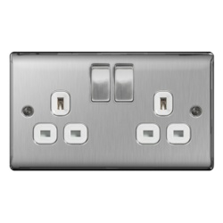 BG 13a 2 Gang Switch Socket - Brushed Steel With White Inserts - STX-355233 